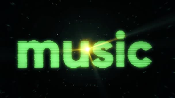 Abstraktní animace slov hudby na černém pozadí. Animované pozadí s pohyblivými slovo nápis hudbu v neon strip. Zázemí pro dovolenou nebo disco — Stock video