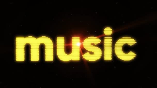 Abstrakte Animation von Wortmusik auf schwarzem Hintergrund. animierter Hintergrund mit bewegender Wortbeschriftungsmusik in Neon-Streifen. Hintergrund für Urlaub oder Disco — Stockvideo