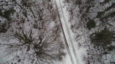 Anteni orman için kar ve kış road, kuş bakışı ile kaplı. Vurdu. Ülke yol güzel kar üzerinden gidiyor en iyi görünümü manzaralar kaplı.