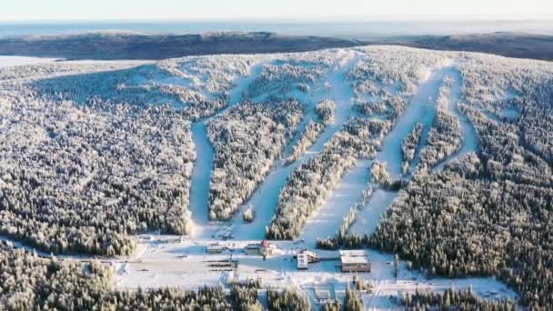 Aérea de la estación de esquí con funicular en el bosque nevado en un día soleado. Filmación. Paisaje invernal de montaña nevada entre pinos sobre fondo azul del cielo . — Vídeos de Stock