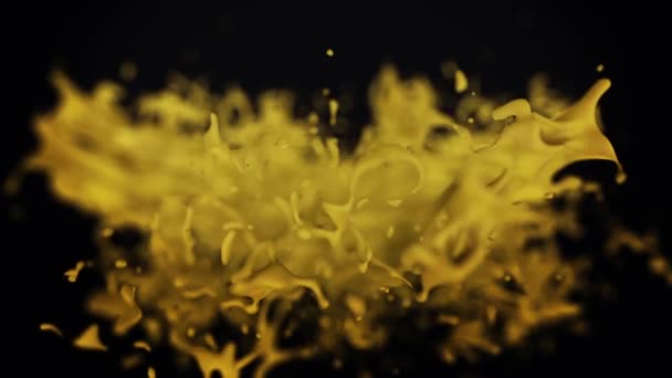 Mooi, abstract, gele plons water roterende in bevroren actie op zwarte achtergrond, naadloze loops. Gouden water splash spinnen, close-up. — Stockvideo