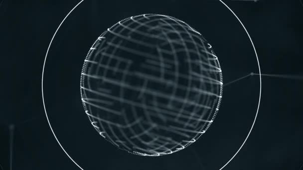 Esfera digital transparente gris con pequeños puntos móviles en su superficie girando nad recibir señales sobre fondo negro. Orbe giratorio abstracto formado por pequeñas partículas y ondas sonoras . — Vídeo de stock