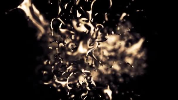 Close up for abstract, rotating water splash of copper color isolated on black background. Amazing spinning liquid explosion, seamless loop. — Stock Video