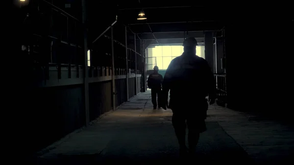 冶金の植物の生産ホールの上を歩いての産業労働者のシルエットに後姿。次の重工業の工場を歩くエンジニアのショット — ストック写真