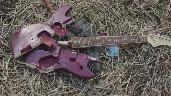 Close-up voor gebroken paarse gitaar liggend op verdorde hooi, bovenaanzicht. Voorraad. Gebroken elektrische gitaar onderdelen violet dek en bruin nek op verdorde gras achtergrond. — Stockfoto