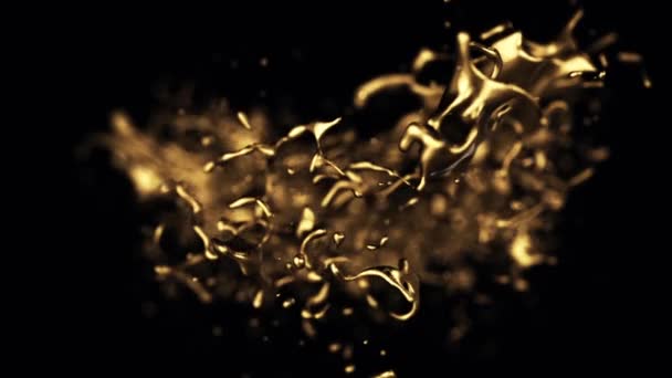Schöne, abstrakte, gelbe Wasserspritzer, die in gefrorener Aktion auf schwarzem Hintergrund rotieren, nahtlose Schlaufe. Goldene Wasserspritzer, die sich drehen, aus nächster Nähe. — Stockvideo