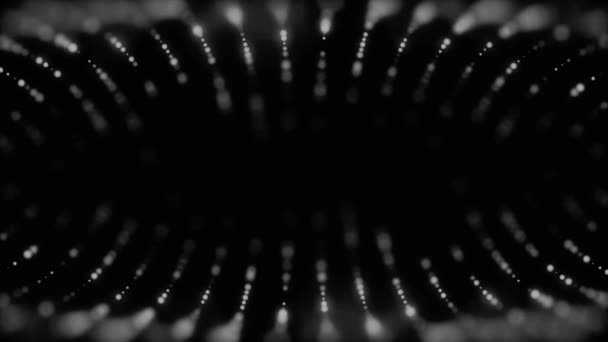 Abstraktní pozadí s animací pohybu zářící částice v řádcích na černém pozadí, monochromatický. Třpytivé bílé tečky v zakřivené čáry, bezešvé smyčka.