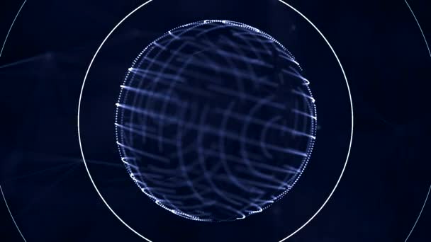 Esfera transparente digital, azul com pequenos pontos móveis em sua superfície girando nad recebendo sinais no fundo azul escuro. Orbe giratório abstrato constituído por pequenas partículas e ondas sonoras . — Vídeo de Stock