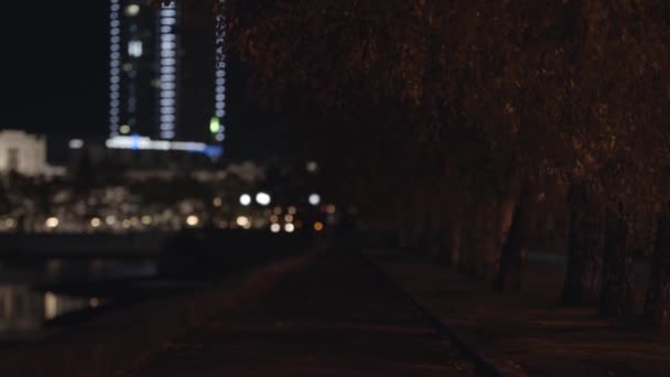 Νύχτα πόλη σοκάκι με φανάρια και τα δέντρα το φθινόπωρο. Κενή διαδρομή σοκάκι του σημύδες σε λαμπερό προβολέων λεωφορείο και ήρεμη νύχτα φωτεινό φόντο — Αρχείο Βίντεο