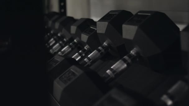 Närbild svart fitness hantlar. Nya hantlar för konditionsträning med viktning i gymmet. Begreppet träningsredskap — Stockvideo