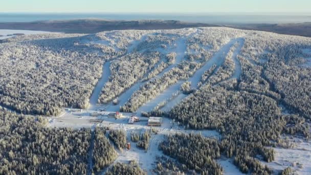 Widok z lotu ptaka z ośrodka narciarskiego, w otoczeniu lasu, w zimie. Materiał filmowy. Sporty na wolnym powietrzu — Wideo stockowe