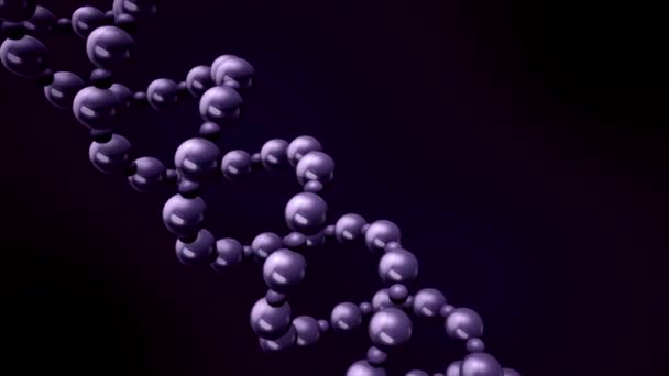 Animação abstrata de dupla hélice de DNA roxo rotativo flutuando contra fundo roxo escuro. Conceito de biotecnologia . — Vídeo de Stock