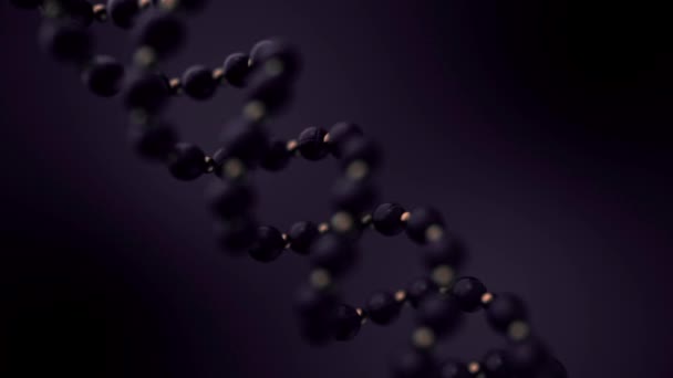Animación abstracta de la hebra borrosa de ADN púrpura girando sobre fondo púrpura oscuro. Concepto de biotecnología . — Vídeos de Stock
