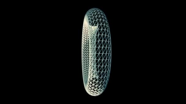 Abstract, witte vormelement in wireframe hologram stijl draaien op zwarte achtergrond met kleine, witte stippen. Monochroom volume model van een transparante ring spinnen. — Stockvideo