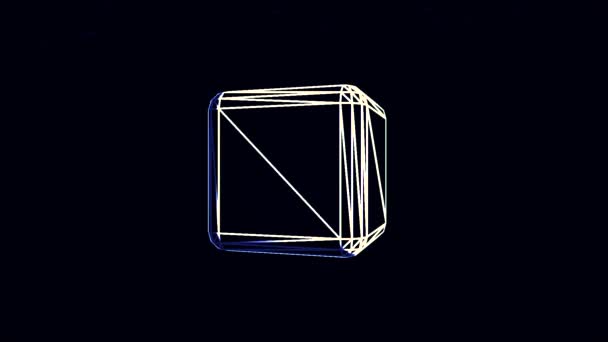 Animation with blue and white cube edges rotating endlessly on black background. Volume illustraction of the cube spinning chaotically, seamless loop. — Stock Video