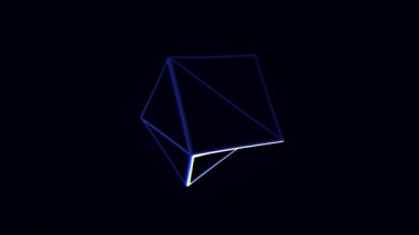 Soyut neon küp kenarları, düzensizce dönen distortings siyah arka plan üzerine şekiller. İplik, daha yakın ve uçan kaçıyor beyaz ve mavi birim geometrik şekil.