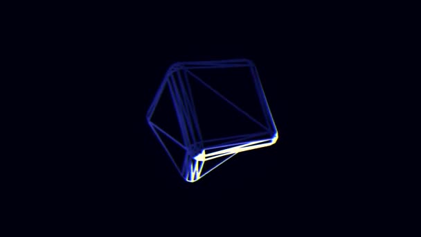 Abstracte neon kubus randen roterende chaotisch, distortings vormen op een zwarte achtergrond. Wit en blauw volume geometrische figuur spinnen, steeds nauwere en vliegen weg. — Stockvideo