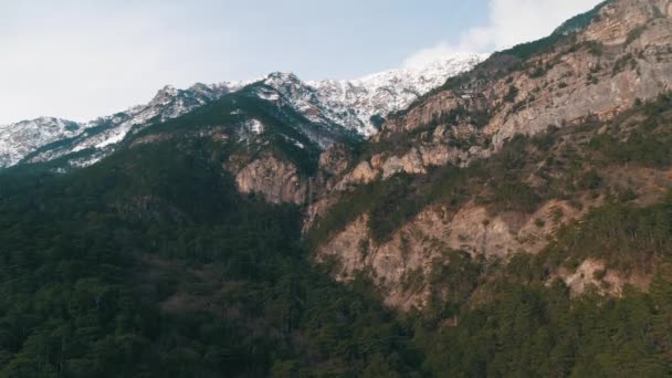 Von Schnee bedeckte Berggipfel und Nadelwald vor blauem bewölkten Himmel. Schuss. Blick von oben — Stockvideo