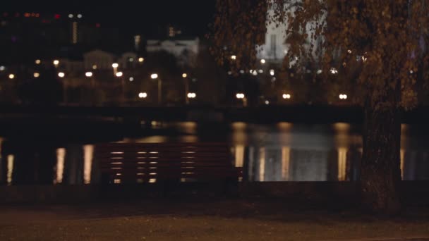 Close-up de banco de madeira perto do lago ou lagoa no parque de outono à noite. Caminhada noturna . — Vídeo de Stock