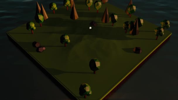 Abstraktion einer isometrischen Animationsinsel mit Bäumen, Steinen und Lagerfeuer umgeben von Wasser. Computerspiel. — Stockvideo