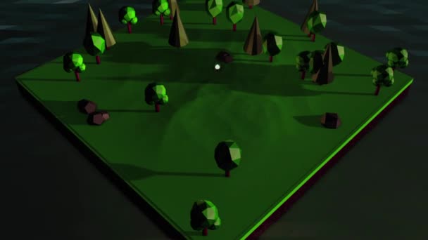 Abstraction d'une île d'animation isométrique avec des arbres, des pierres et un feu de camp entouré d'eau. Jeu d'ordinateur .