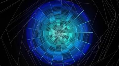 Neon mavi daire dönen soyut animasyon birçok üçgen parçalar ve daire içinde hareket gri metalik kılavuz içine bölünmüş. Siyah bir izole.