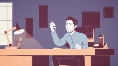 Animasyon ofiste bir işyerinde çalışan yorgun ve stresli bir iş adamı. Zil telefon ve yakın bir sekreter ile basınç altında bir genç yorgun işçinin animasyon çizgi film.