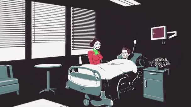 Анімаційний мультфільм з вмирає людина, лежачи на ліжку в лікарні та жінка, що сидить поруч. Зупинити побиття серця молодою людиною на hospeace, хвороба і смерть концепції, монітор Ekg. — стокове відео