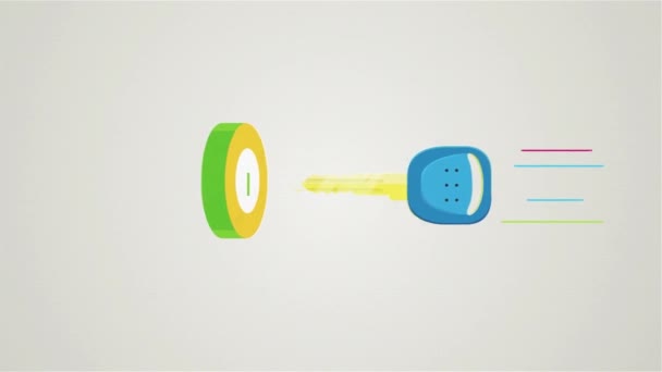 Cartoon animation with a key being inserted and turned in the lock, safety concept. Close up for an abstract key being put into keyhole and the mechanism of the door lock on Cartoon animation with a key being inserted and turned in the lock, safety concept. Close up for an abstract key being put into keyhole and the mechanism of the door lock on