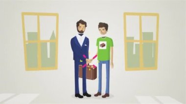 Kavramı bir anlaşma windows, önünde dairesinde el sıkışan adam animasyon çizgi film. İşadamı çanta ve genç arasında el sıkışma.