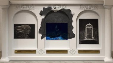 Soyut Sanat Galerisi'nde Resim Sergisi önünde mistik gölge hareket. Sanat Müzelerdeki yapıtlar arasında hayalet