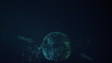 Soyut, neon dünya küresel bağlı öğeleri üzerinde koyu mavi uzay arka plan ağ. Bağlantı veri ağ çevreleyen ile soyut dijital dünya Küre.