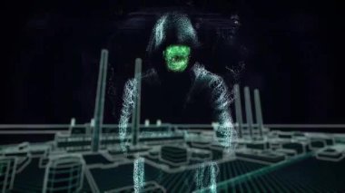 Adam cyber şekil hood ayakta yeşil dalgalar arasında karanlıkta ve kırmızı parlak nesne atma. Kırmızı, neon taş atma bir fabrika plan üzerinde bir adamla soyut animasyon.