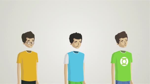 Animation de bande dessinée avec trois jeunes hommes et des objets au-dessus de leurs têtes isolés sur fond blanc. Mouche agarique, une bande de bacon et une ampoule au-dessus de la tête de trois garçons abstraits . — Video