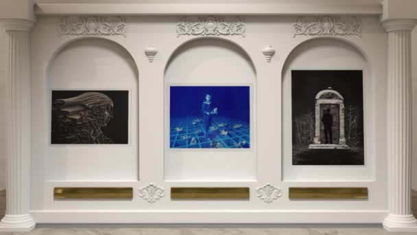 Sombra mística abstrata pulando na pintura na galeria de arte. Fantasma entre obras de arte no museu . — Vídeo de Stock