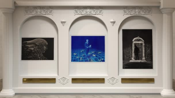 Sombra mística abstrata saltando para fora da pintura na galeria de arte. Fantasma entre obras de arte no museu . — Vídeo de Stock