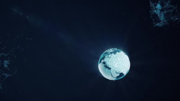 Αφηρημένο, νέον Γη παγκόσμια δικτύωση συνδεδεμένα στοιχεία σε σκοτεινό χώρο μπλε φόντο. Αφηρημένη ψηφιακή σφαίρα της γης με το περιβάλλον δικτύου δεδομένων σύνδεσης. — Αρχείο Βίντεο