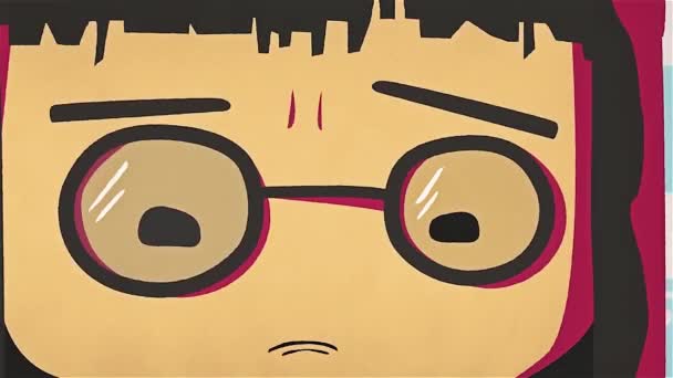 Cartoon söt flicka stående gråter. Asiatiska betonade animeflicka med glasögon känner ledsen och gråter, negativa känslor koncept. — Stockvideo