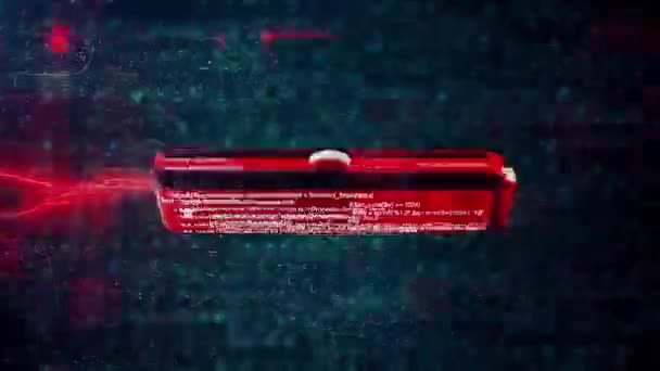 Tarjeta flash USB con brillo rojo insertado en la computadora portátil en el fondo de los iconos cibernéticos. Animación abstracta con el dispositivo de memoria flash que se pone en el ordenador . — Vídeo de stock