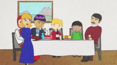 İnsanlar ile çizgi film animasyon farklı milletlerden ve dinlerin hoşgörü kavramı bir yemek yiyorsunuz. Soyut erkek, kadın ve çocuk farklı ırkların yiyip beraber içelim.