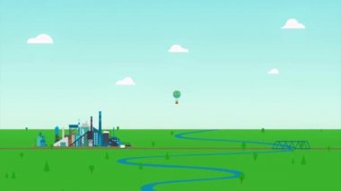 Animasyon manzara mavi nehir, yeşil çayır ve bulutlu gökyüzü arka plan üzerinde bir fabrika ile karikatür. Sıcak hava balonu uçan alanının üstündeki bir güneşli, yaz günde soyut.
