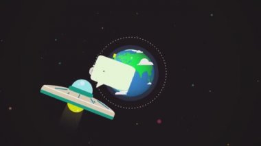 Uçan Ufo ile mesaj Earth dünyanın uzaydan arka planda, çizgi film animasyon için bir yer. Dünya gezegenine yakın uzayda bir yabancı ile bilinmeyen uçan araç.