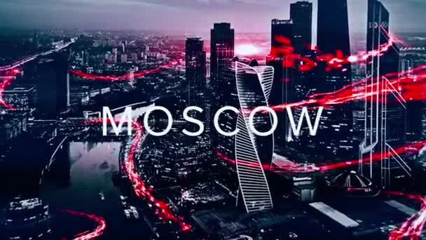 Animação bonita com nomes de cidades diferentes cercado por vermelho, ondas de néon em paisagem urbana monocromática de fundo. Moscou, Tóquio, Seul, Singapura, Hong Kong contra a vista aérea da cidade . — Vídeo de Stock