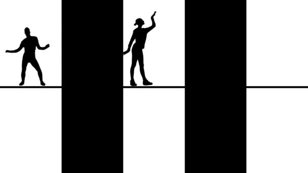 Abstract black silhouettes dancing, jumping, and moving in windows, monochrome. Black figures of people in behind windows perfomance. — Stock Video