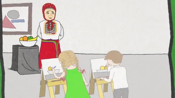 Gruppe von Kindern lernen, ein Stillleben von Früchten in tiefen Teller zeichnen, Kunstpädagogik-Konzept. Zeichentrickanimation von Kindern im Klassenzimmer mit Staffeleien lernen Zeichnen. — Stockvideo