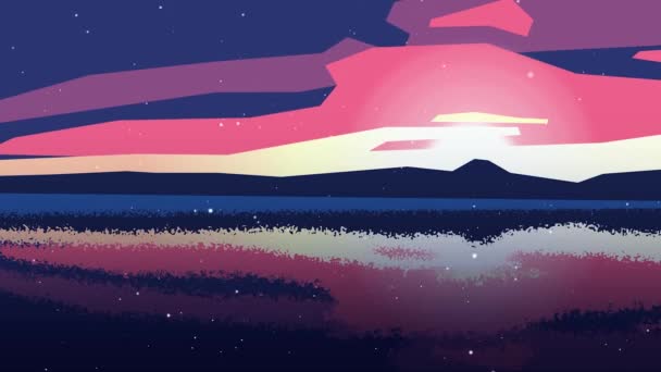 Vacker natur seascape med färgglada speglar sunset färgerna på havsytan i minimalistisk stil, abstrakt natur bakgrund. Fallande snö på minimalistisk färgsprakande solnedgång över havet. — Stockvideo