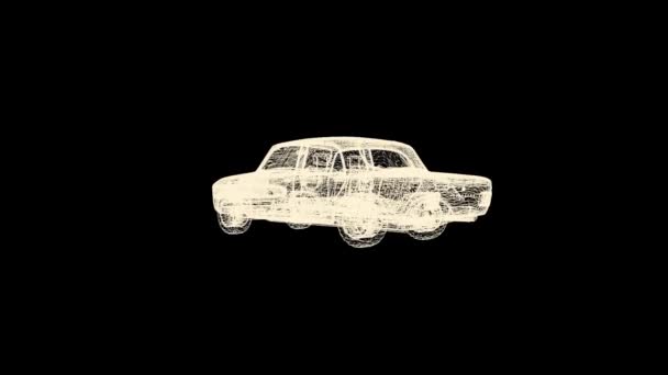 Hologramme de voiture à l'ancienne tournant sur fond noir, monochrome. Filaire de véhicule automobile tournant et tombant en morceaux dans la poussière . — Video