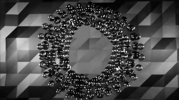 Abstracte metalen ballen bewegen in een cirkel op grijze geometrische achtergrond, zwart-wit. Roterende cirkel van metall bollen, naadloze loops. — Stockvideo
