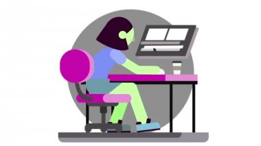 Laptop çok fazla stres altında office işyerinde çalışan kadın karakter karikatür. İş kavramı.