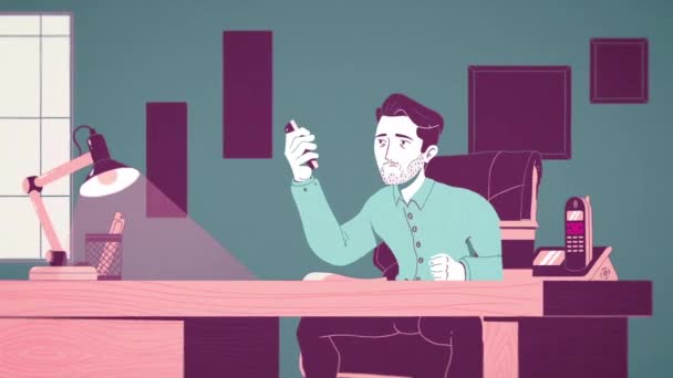 Animation d'un employé de bureau de dessin animé assis sur une chaise avec un téléphone dans les mains près du secrétaire qui tient un téléphone sonnant. Processus de travail intensif . — Video